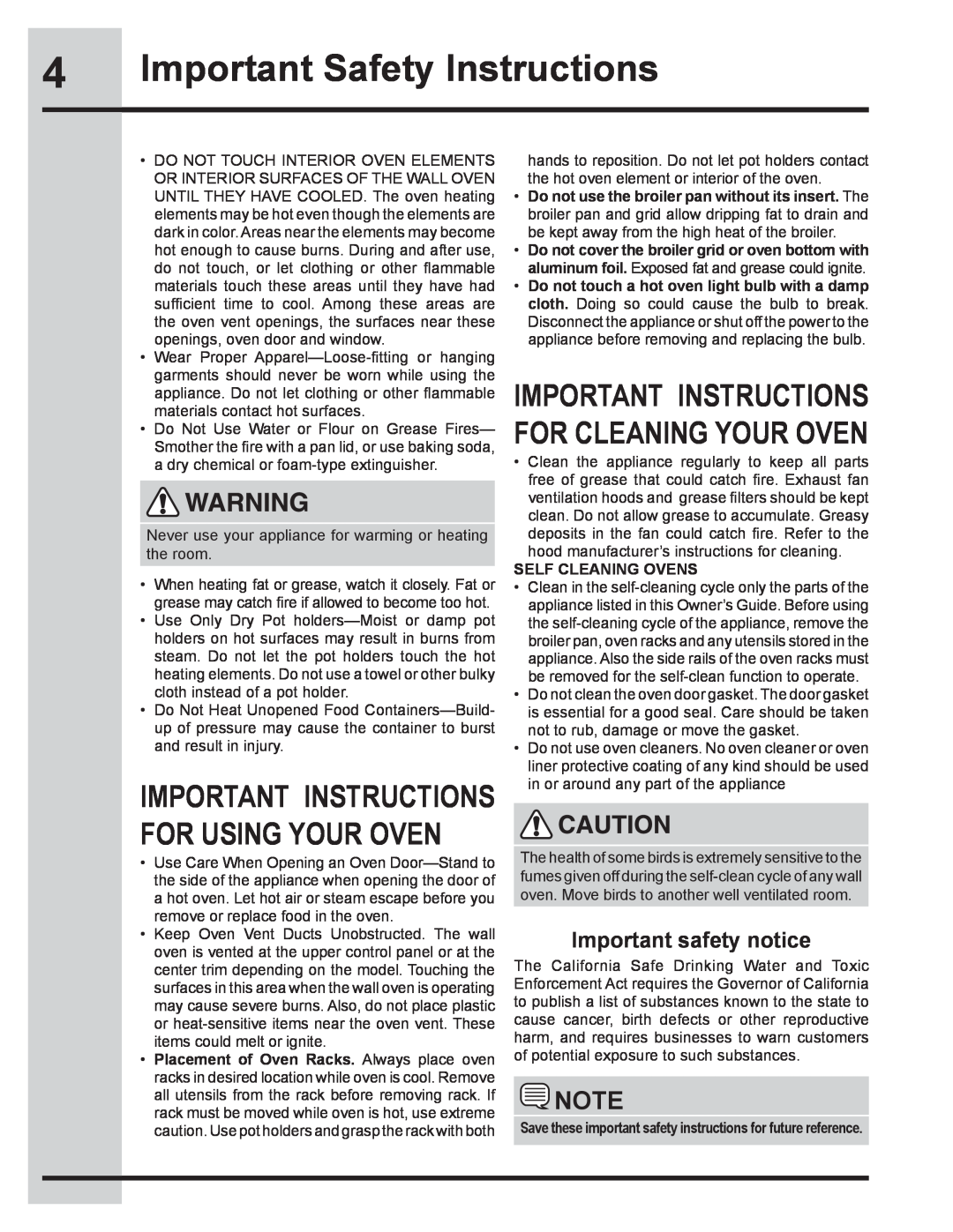 Electrolux 318205134 Important Safety Instructions, Important safety notice, Important Instructions For Using Your Oven 