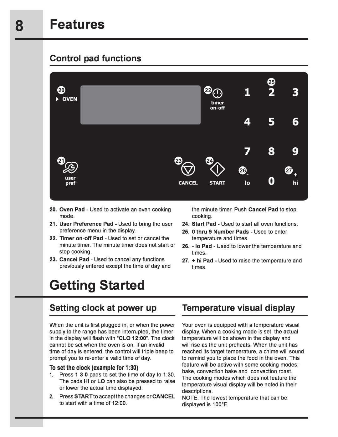 Electrolux 318205134 manual Features, Getting Started, Setting clock at power up, Temperature visual display, 27 +, Oven 