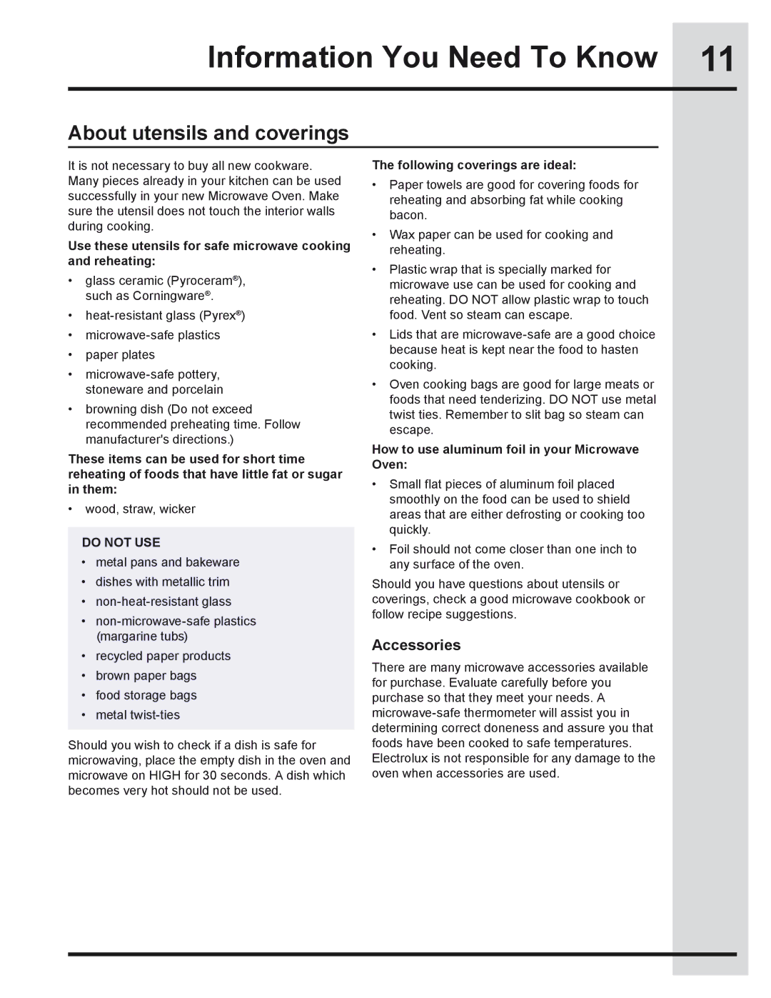 Electrolux 318205319 manual About utensils and coverings, Accessories, Following coverings are ideal 