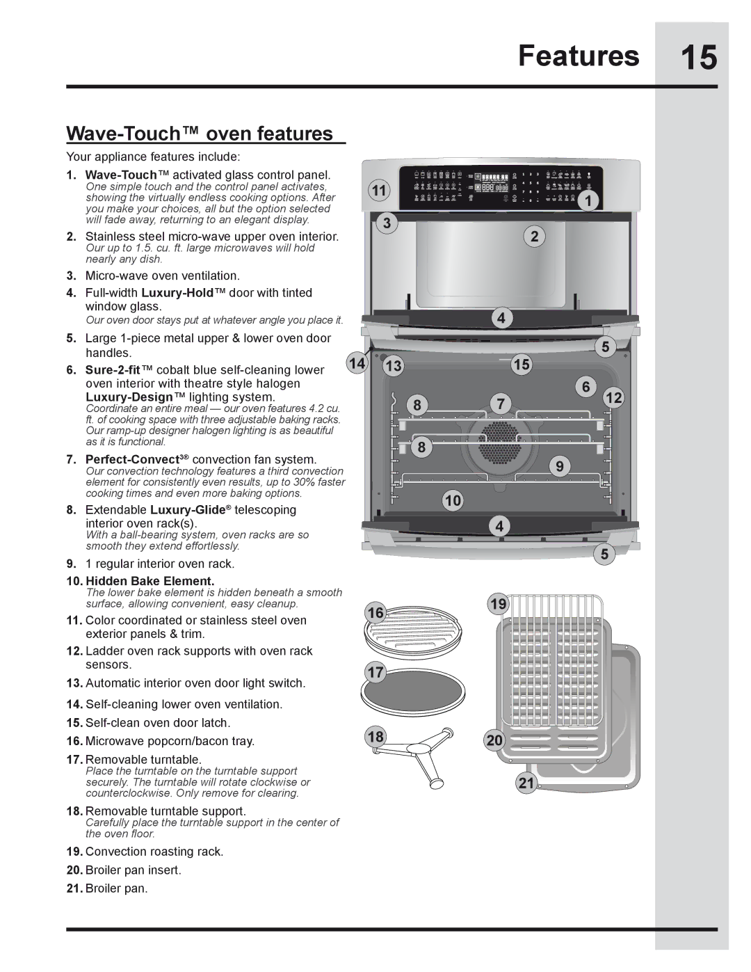 Electrolux 318205319 manual Wave-Touch oven features, Hidden Bake Element 