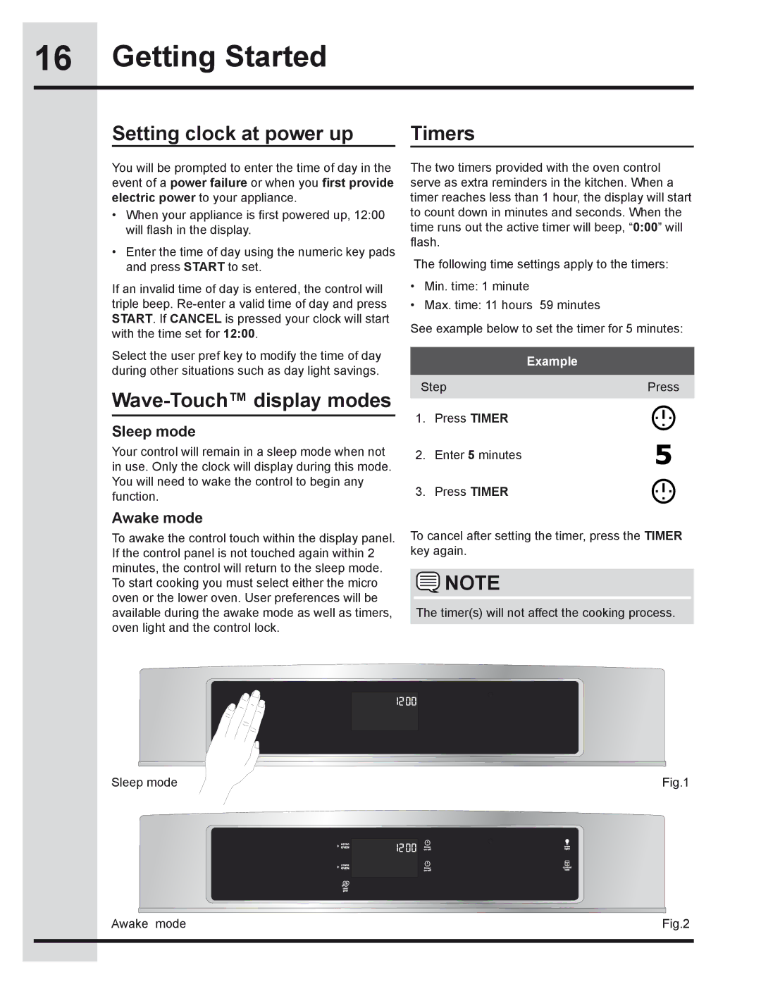 Electrolux 318205319 manual Getting Started, Setting clock at power up, Wave-Touch display modes, Timers 