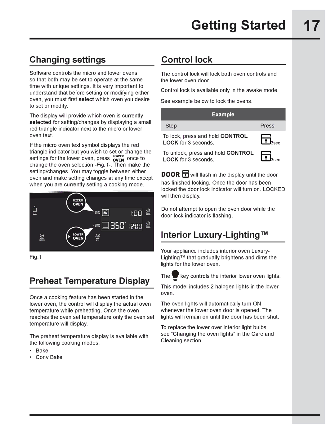 Electrolux 318205319 manual Changing settings, Preheat Temperature Display, Control lock, Interior Luxury-Lighting 