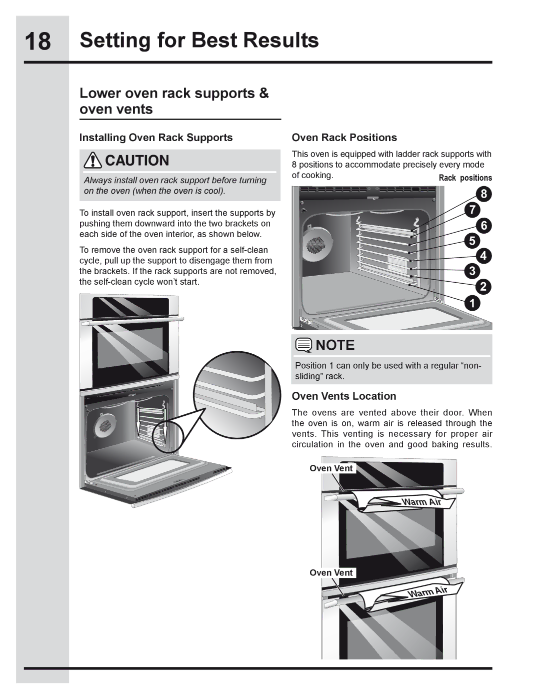 Electrolux 318205319 manual Setting for Best Results, Lower oven rack supports & oven vents, Installing Oven Rack Supports 