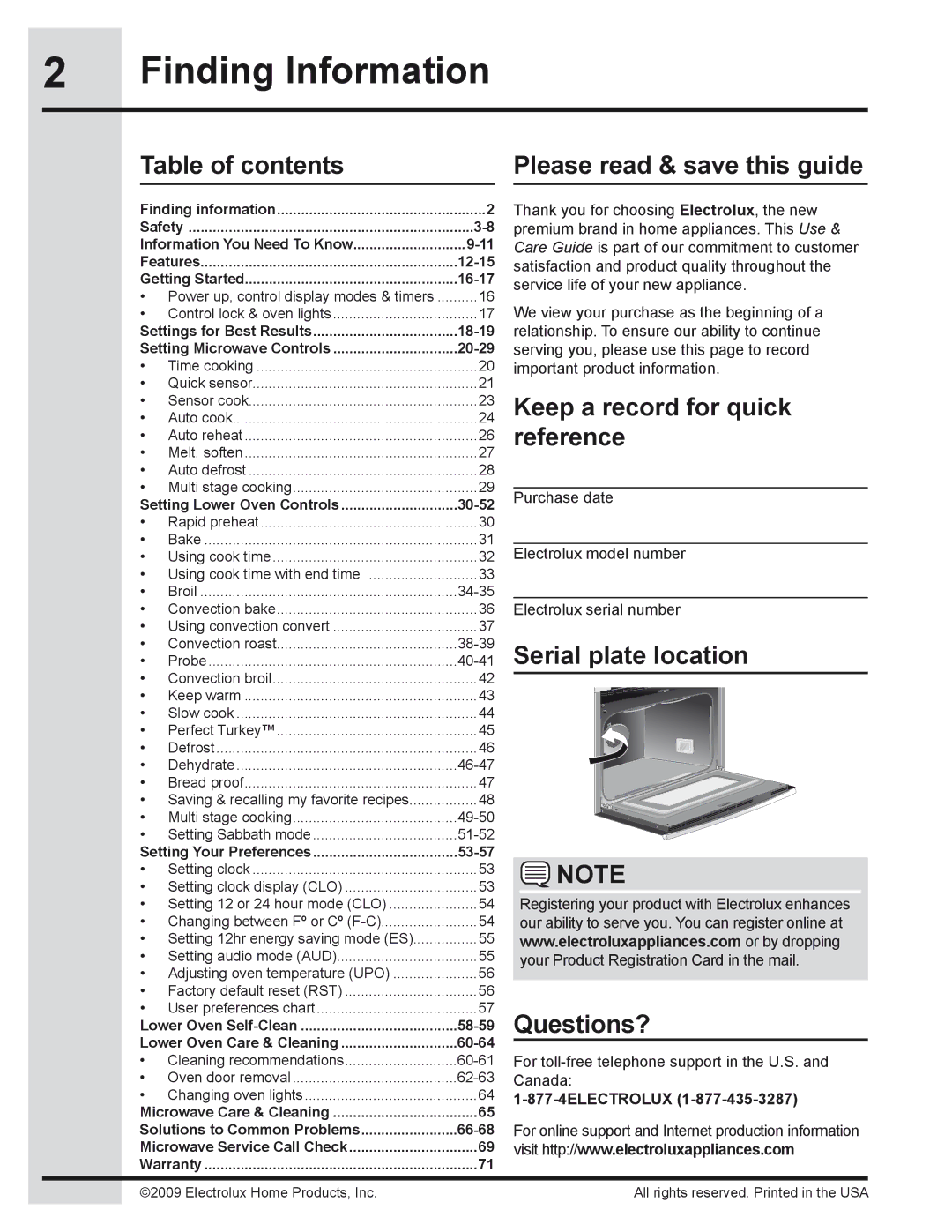 Electrolux 318205319 manual Finding Information, Table of contents Please read & save this guide 