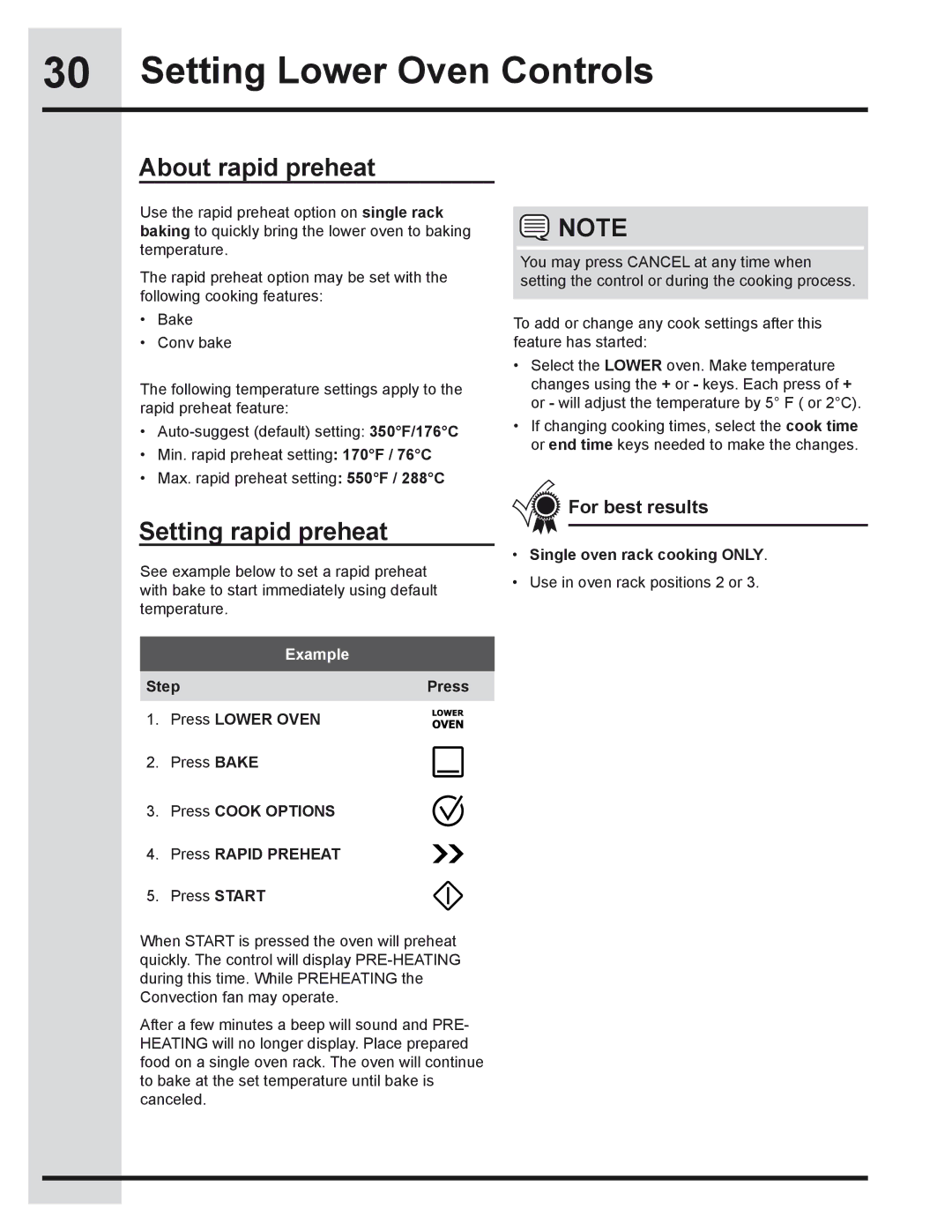 Electrolux 318205319 manual Setting Lower Oven Controls, About rapid preheat, Setting rapid preheat, For best results 