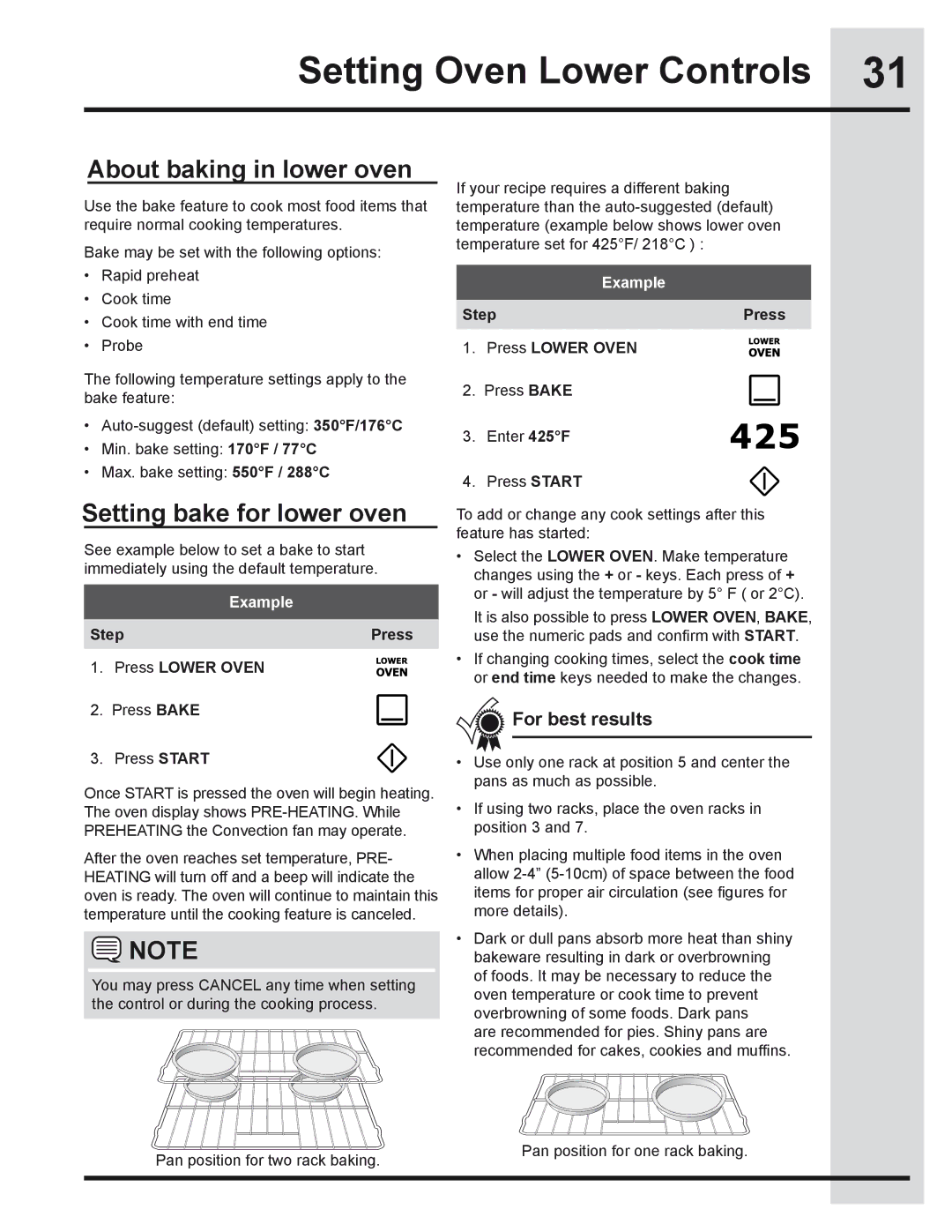 Electrolux 318205319 manual Setting Oven Lower Controls, About baking in lower oven, Setting bake for lower oven 