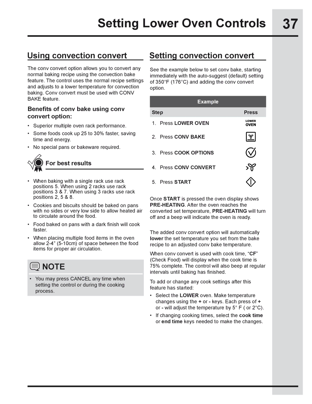 Electrolux 318205319 Using convection convert, Setting convection convert, Benefits of conv bake using conv convert option 