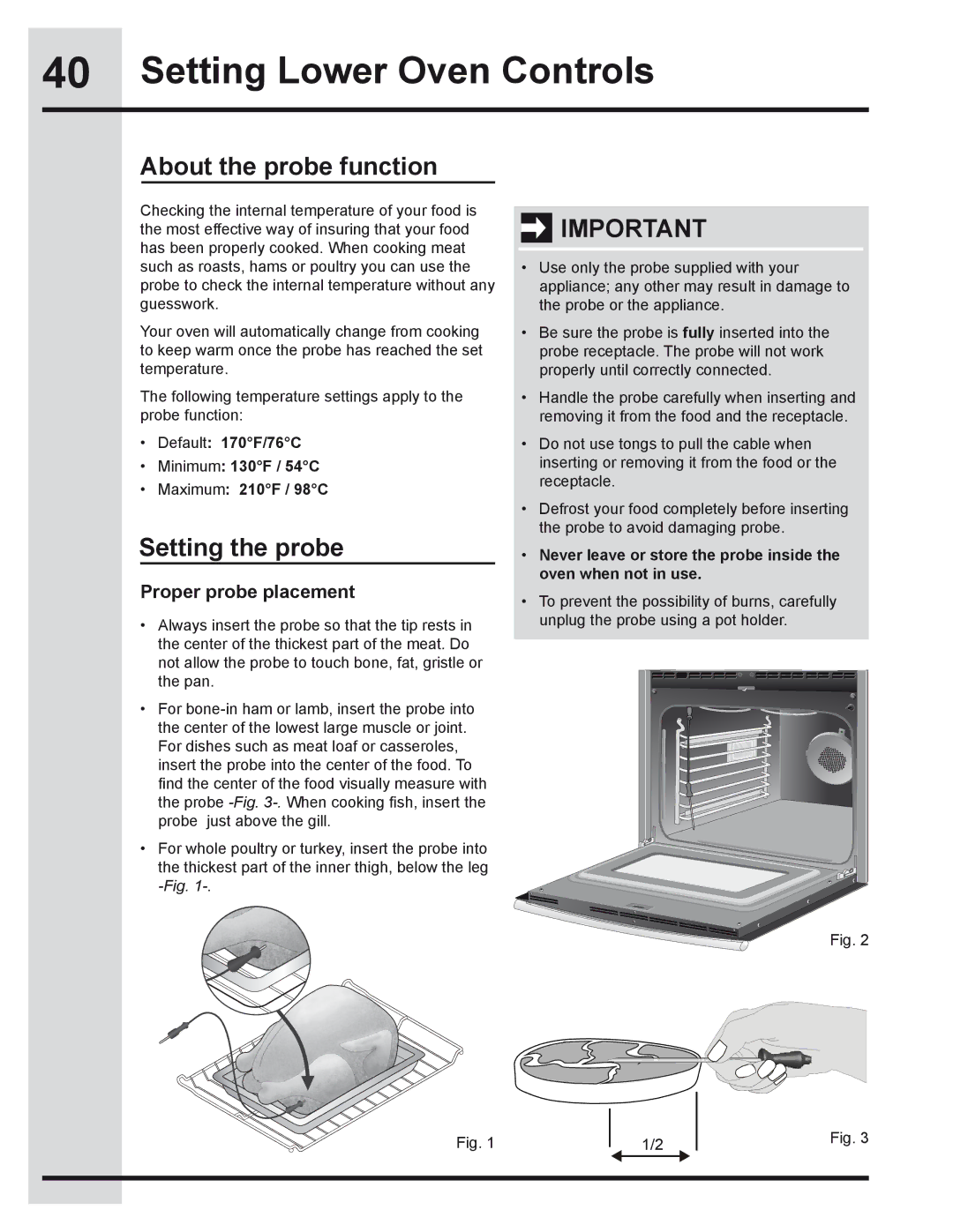 Electrolux 318205319 manual About the probe function, Setting the probe, Proper probe placement 