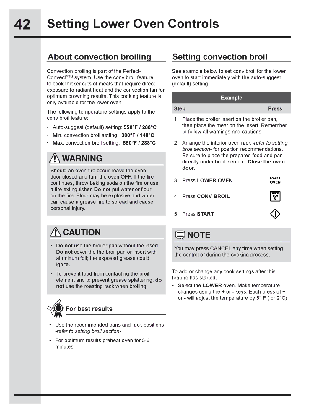 Electrolux 318205319 manual About convection broiling Setting convection broil, Press Lower Oven Press Conv Broil 