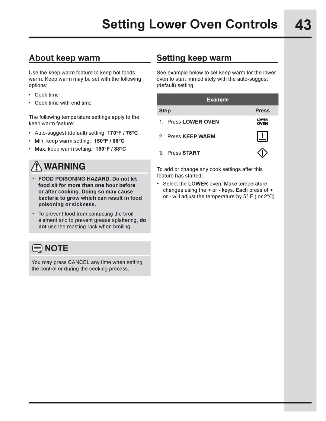 Electrolux 318205319 manual About keep warm, Setting keep warm 