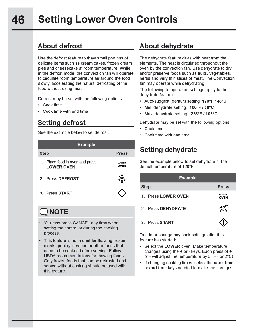 Electrolux 318205319 manual About defrost About dehydrate, Setting defrost, Setting dehydrate 