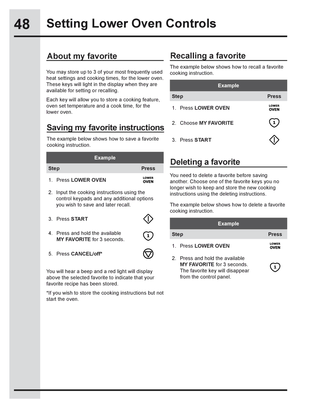 Electrolux 318205319 manual About my favorite, Saving my favorite instructions, Recalling a favorite, Deleting a favorite 