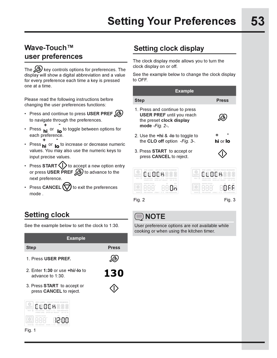 Electrolux 318205319 manual Setting Your Preferences, Wave-Touch user preferences, Setting clock display 