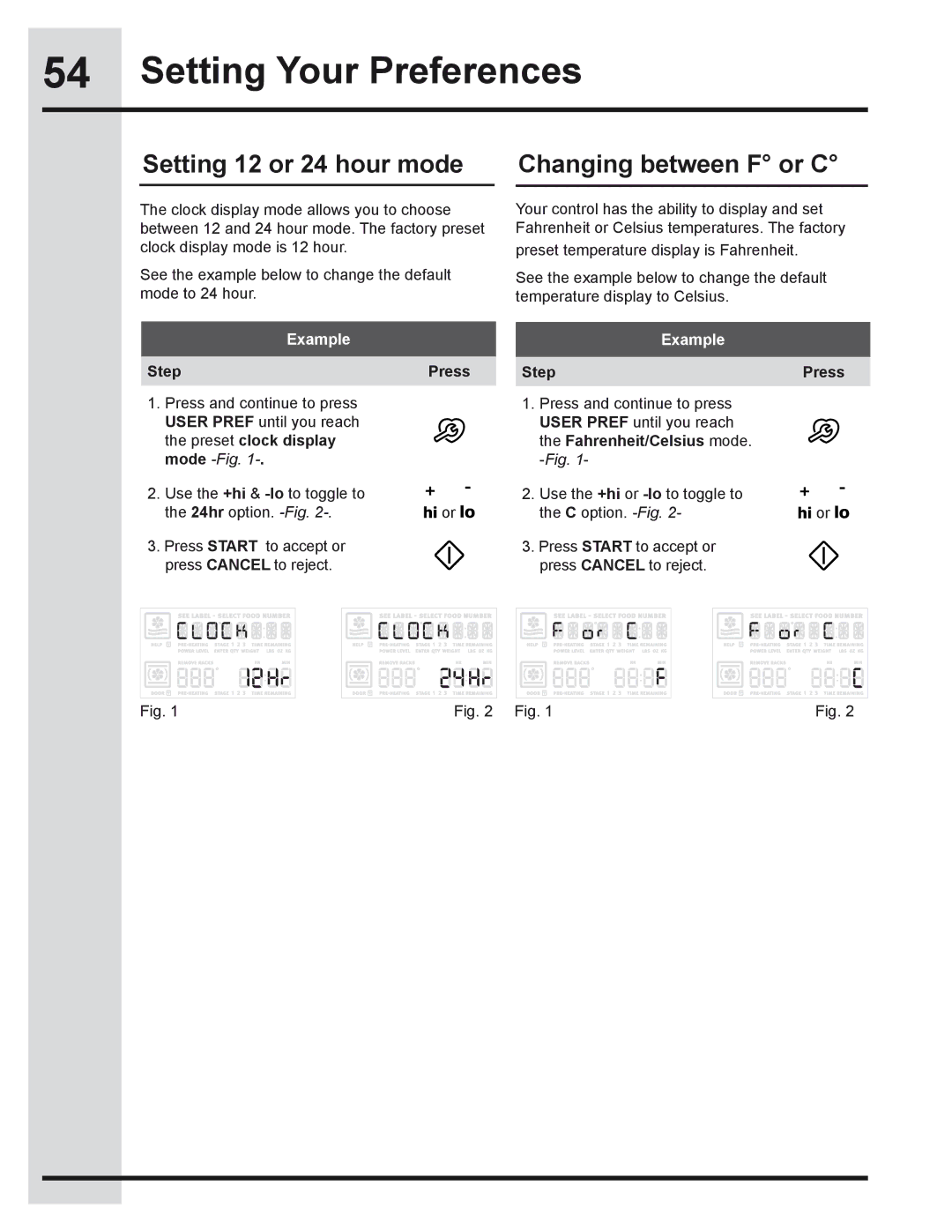 Electrolux 318205319 Setting 12 or 24 hour mode, Changing between F or C, Preset clock display Fahrenheit/Celsius mode 