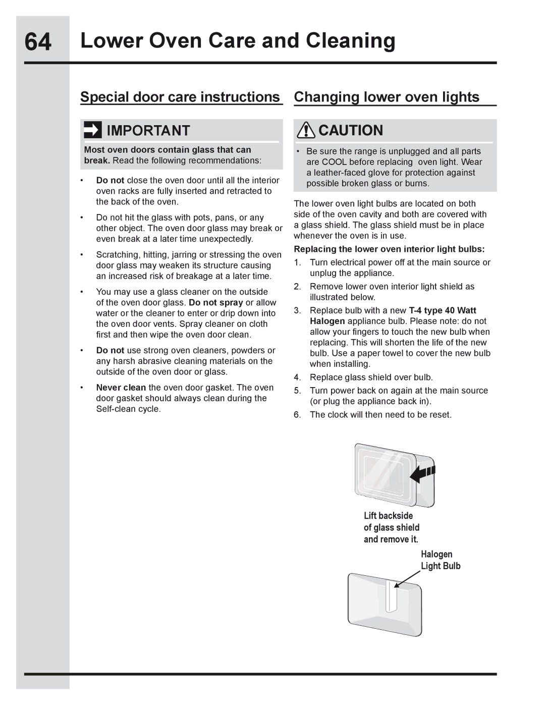 Electrolux 318205319 manual Special door care instructions Changing lower oven lights 