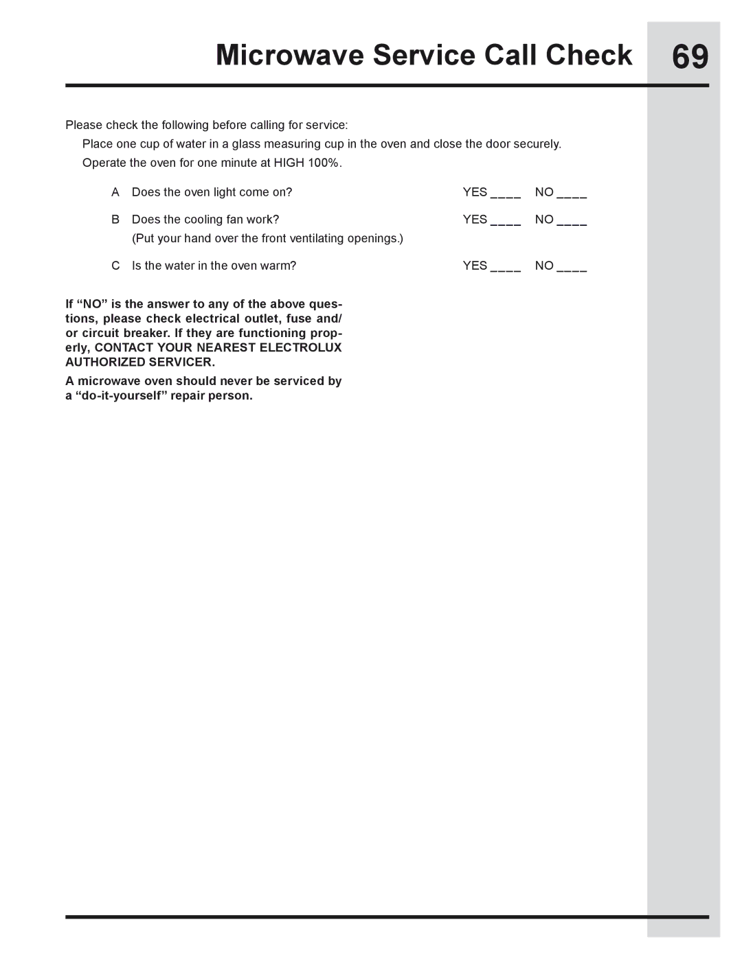 Electrolux 318205319 manual Microwave Service Call Check 