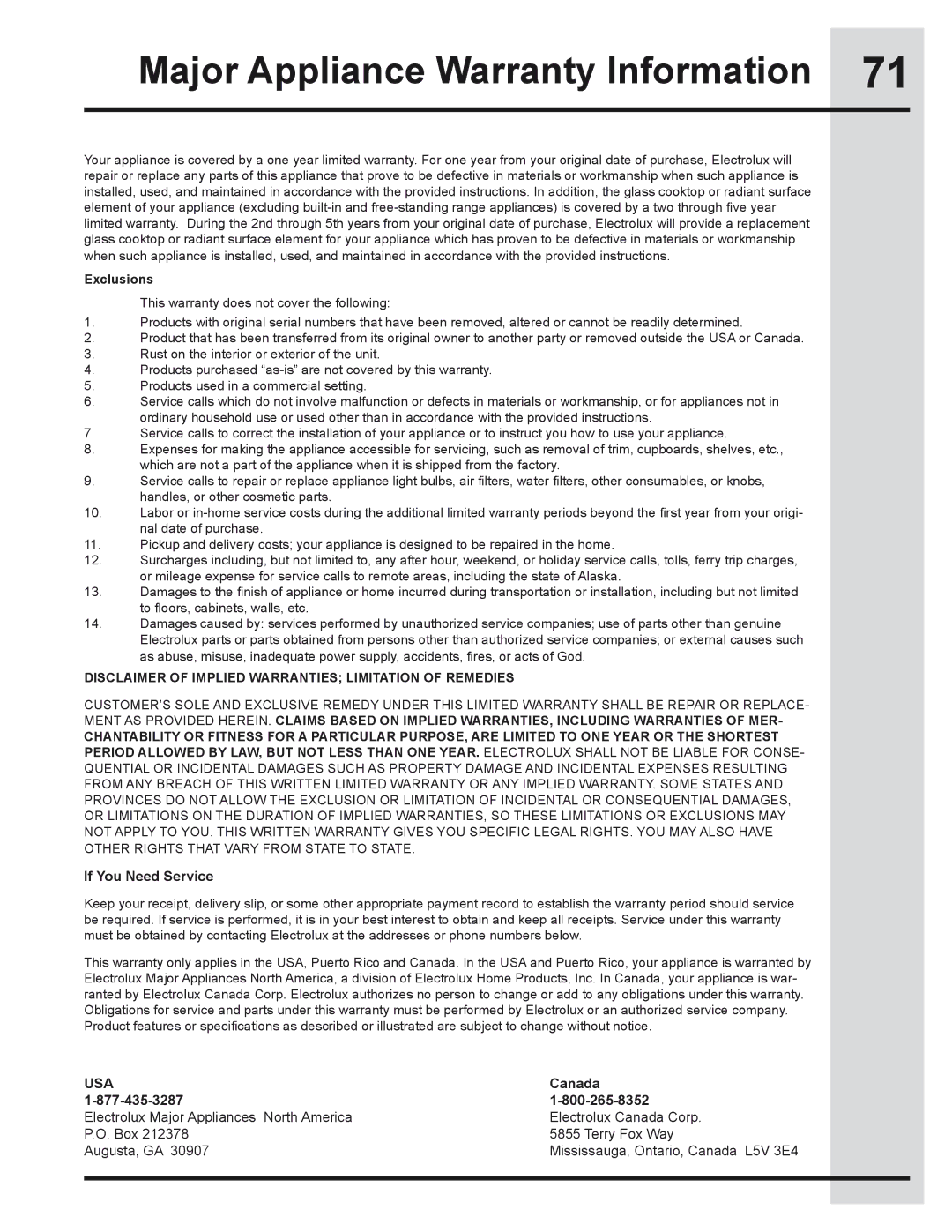 Electrolux 318205319 manual Major Appliance Warranty Information, Exclusions 