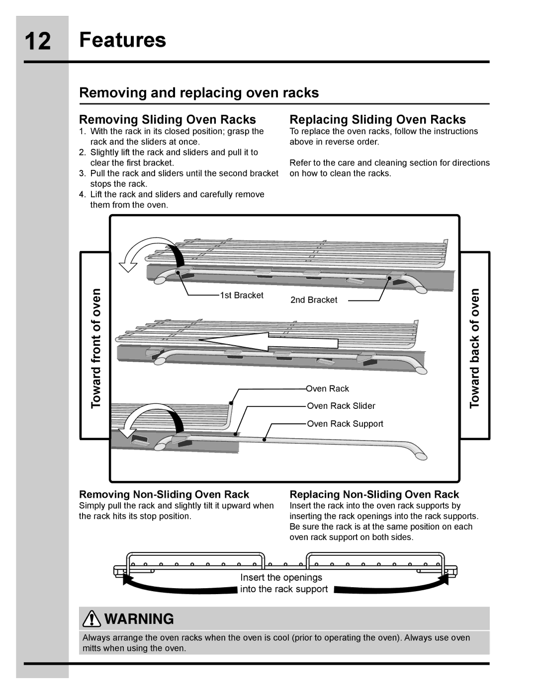 Electrolux 318205832 Removing and replacing oven racks, Removing Non-Sliding Oven Rack, Replacing Non-Sliding Oven Rack 