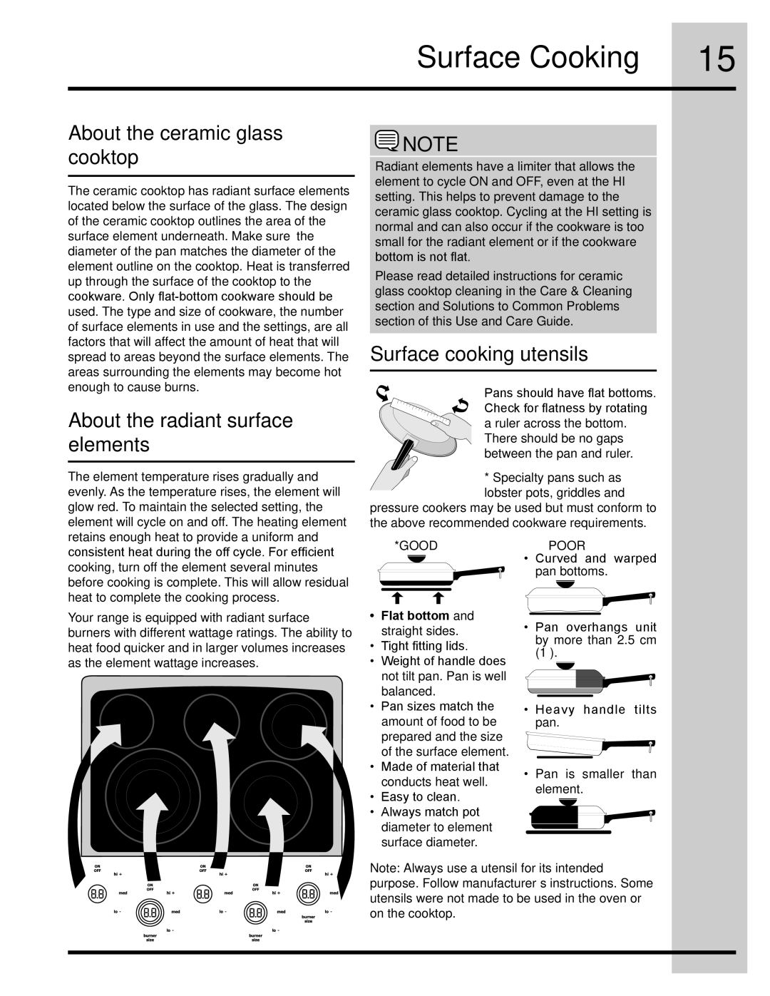 Electrolux 318205832 manual Surface Cooking, About the ceramic glass cooktop, About the radiant surface elements 