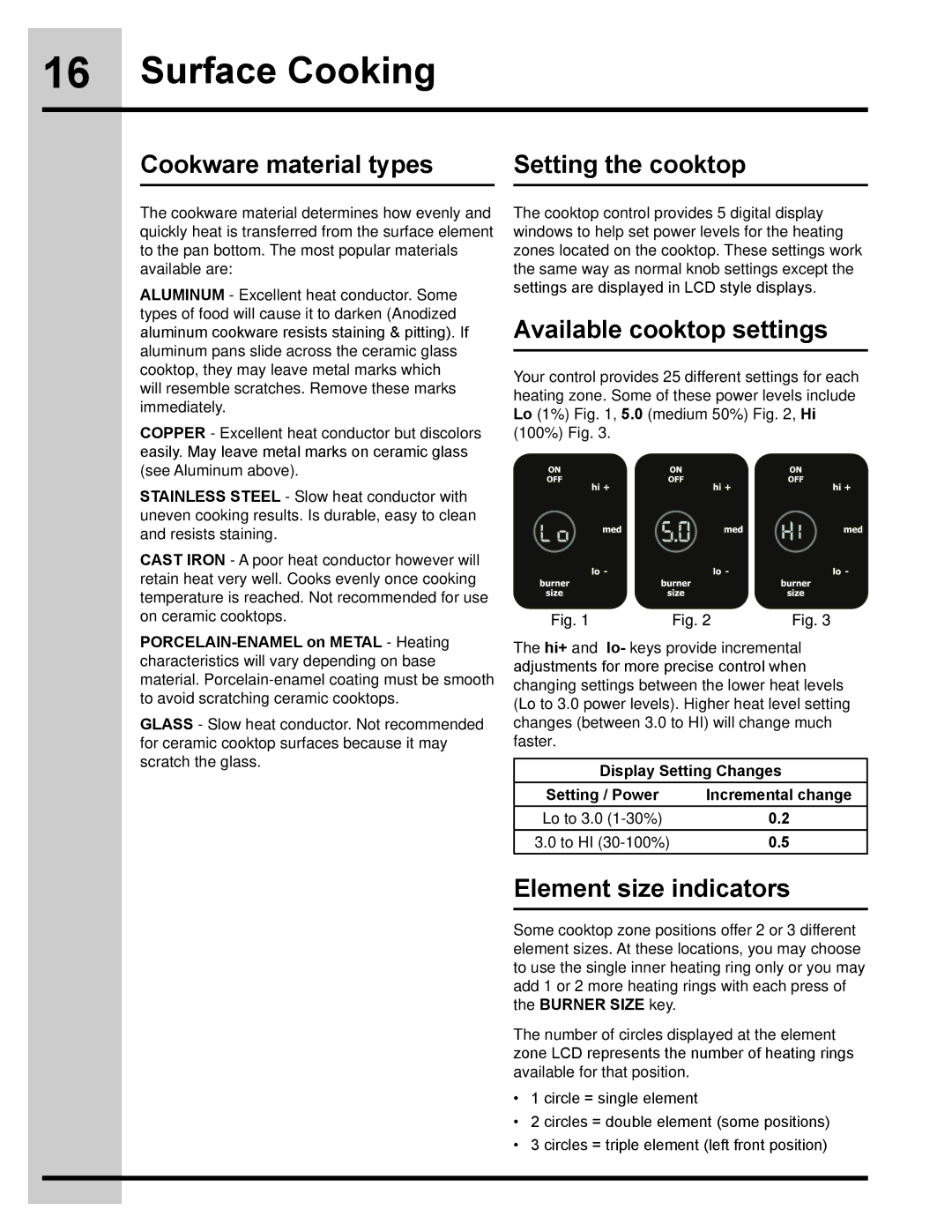 Electrolux 318205832 Cookware material types Setting the cooktop, Available cooktop settings, Element size indicators 