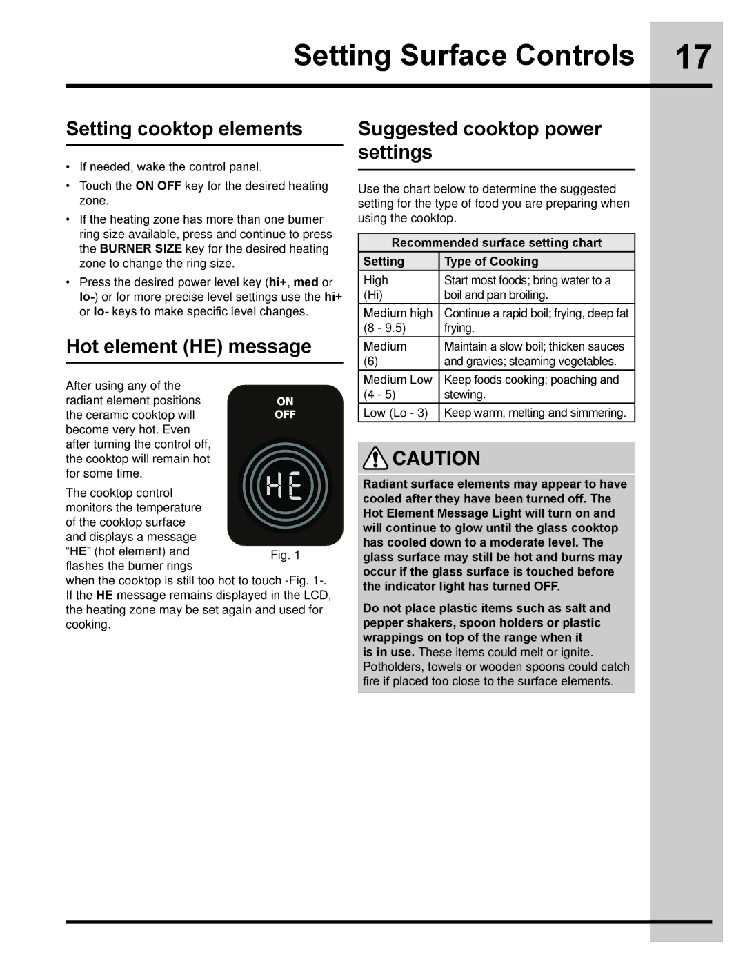 Electrolux 318205832 manual Setting Surface Controls, Setting cooktop elements, Hot element HE message 