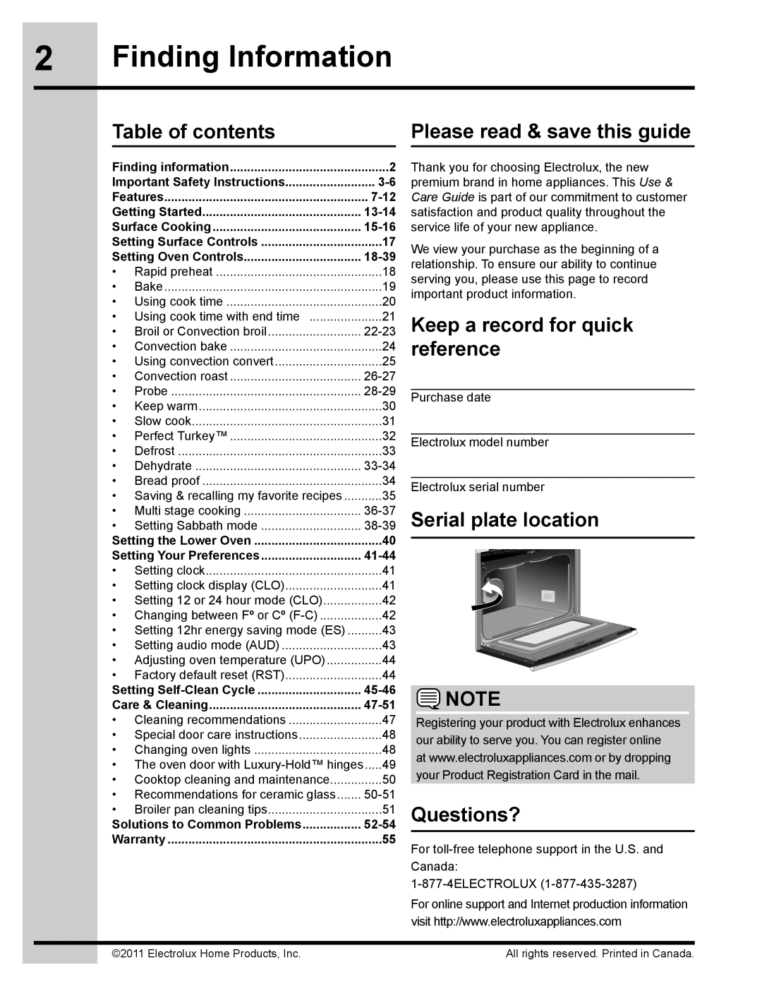 Electrolux 318205832 manual Finding Information, Table of contents Please read & save this guide 