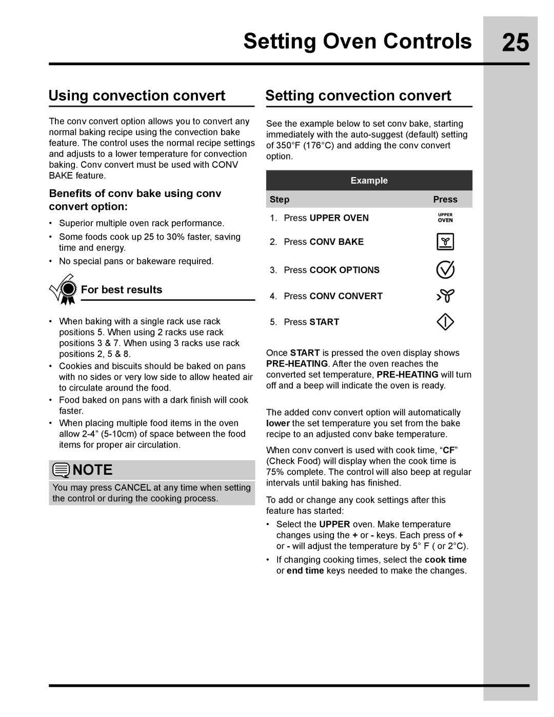 Electrolux 318205832 Using convection convert Setting convection convert, Benefits of conv bake using conv convert option 