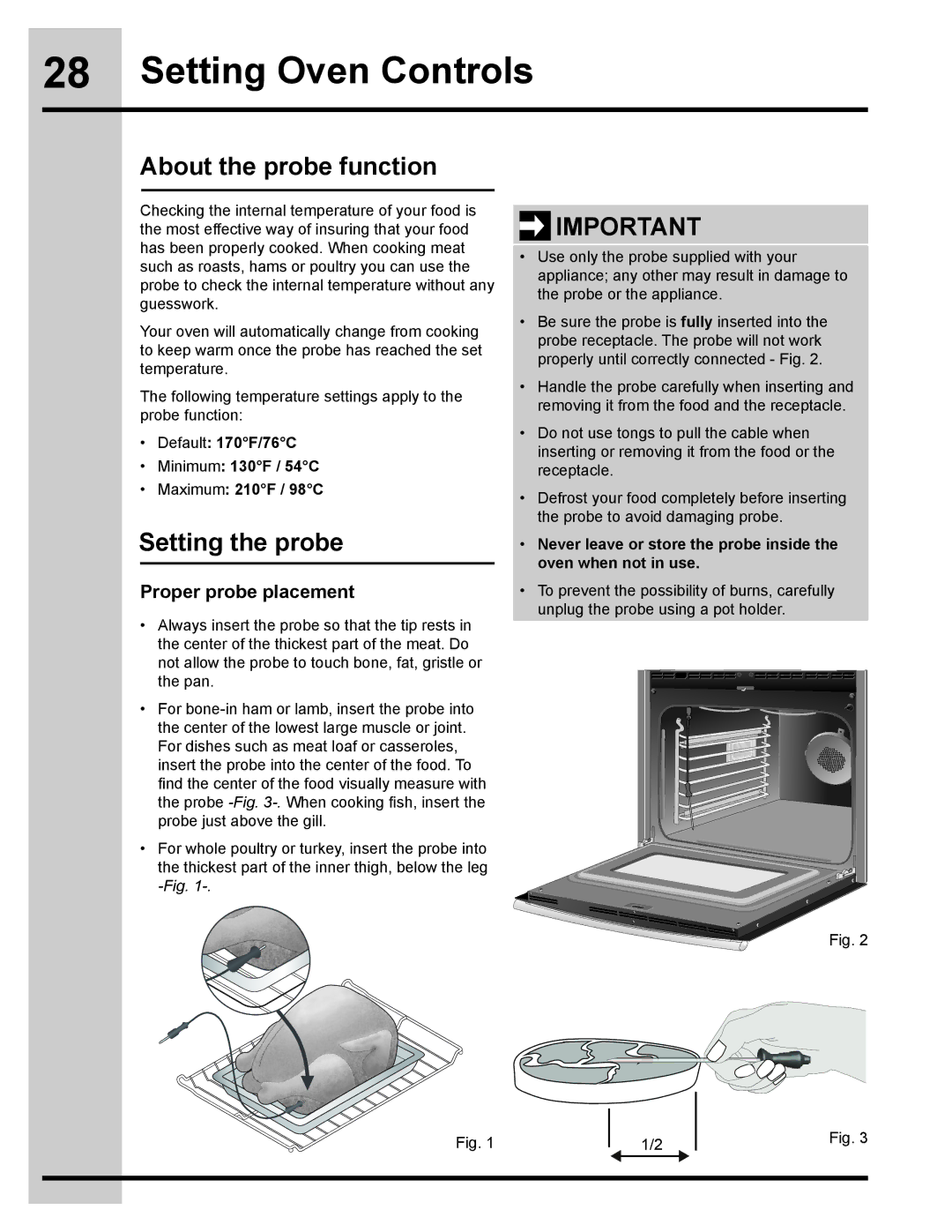 Electrolux 318205832 manual About the probe function, Setting the probe, Proper probe placement 