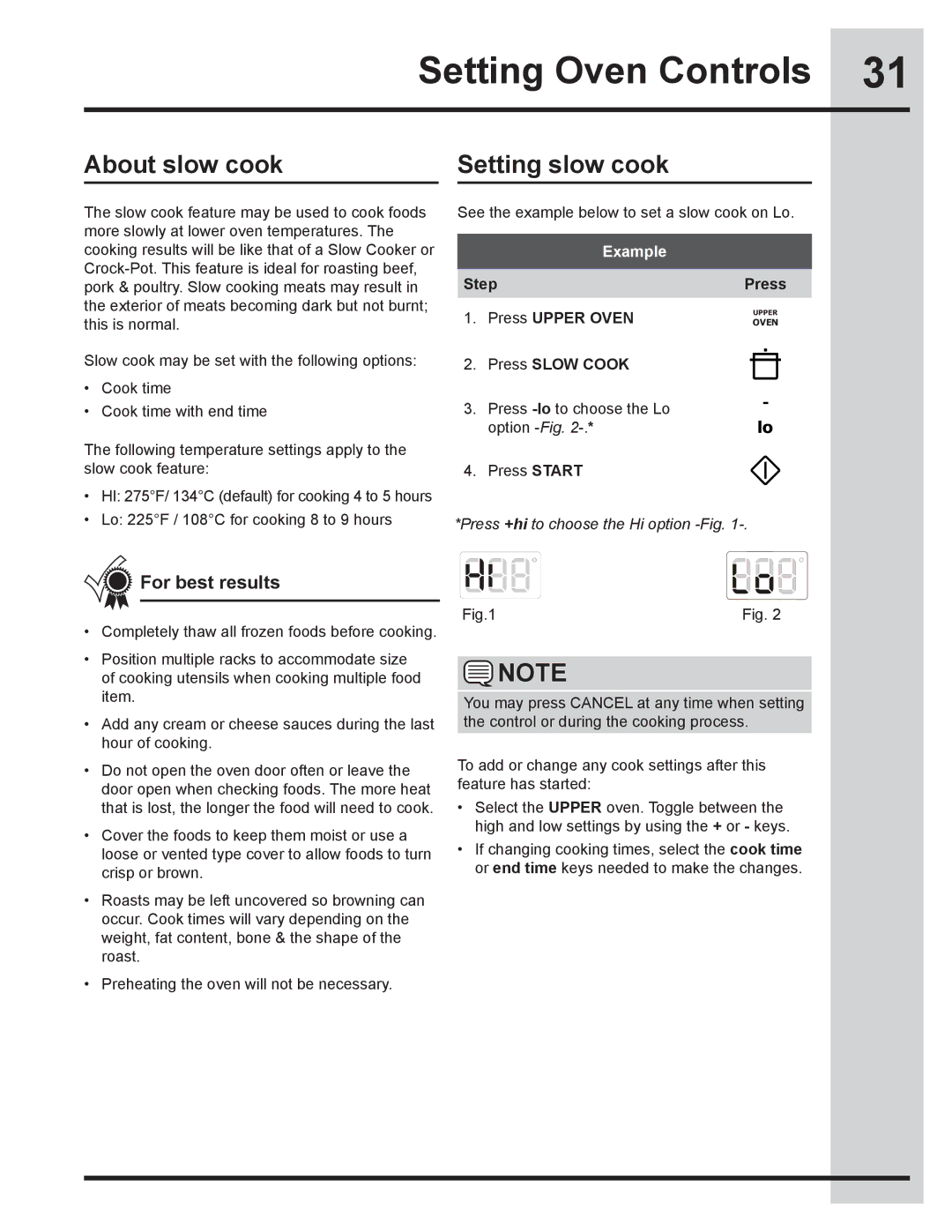 Electrolux 318205832 manual About slow cook Setting slow cook, Step Press Upper Oven Press Slow Cook 