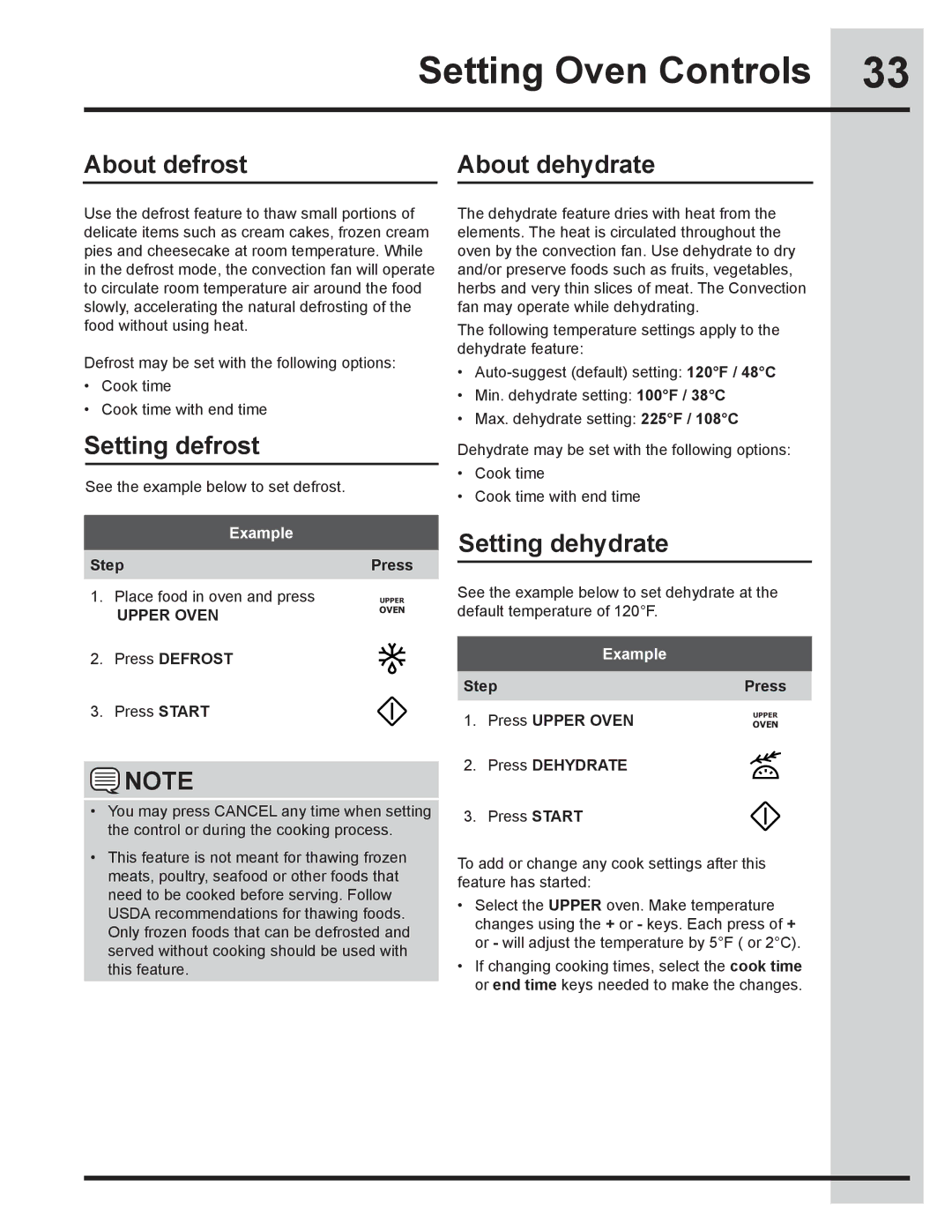 Electrolux 318205832 manual About defrost, Setting defrost, About dehydrate, Setting dehydrate 