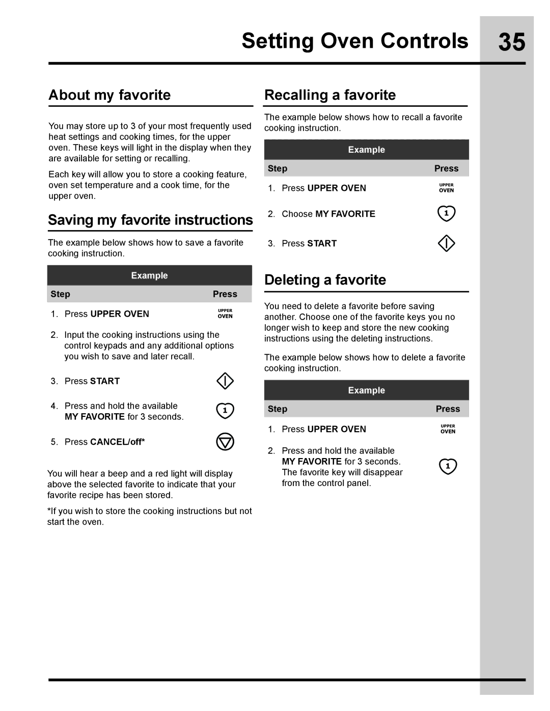 Electrolux 318205832 manual About my favorite, Saving my favorite instructions, Recalling a favorite, Deleting a favorite 