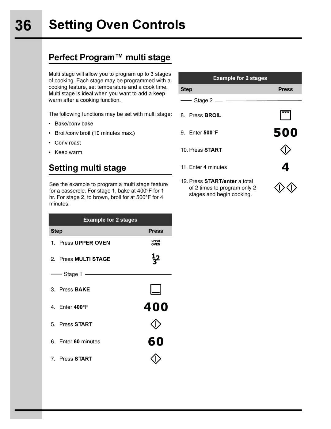 Electrolux 318205832 manual Perfect Program multi stage, Setting multi stage, Example for 2 stages, Press Multi Stage 