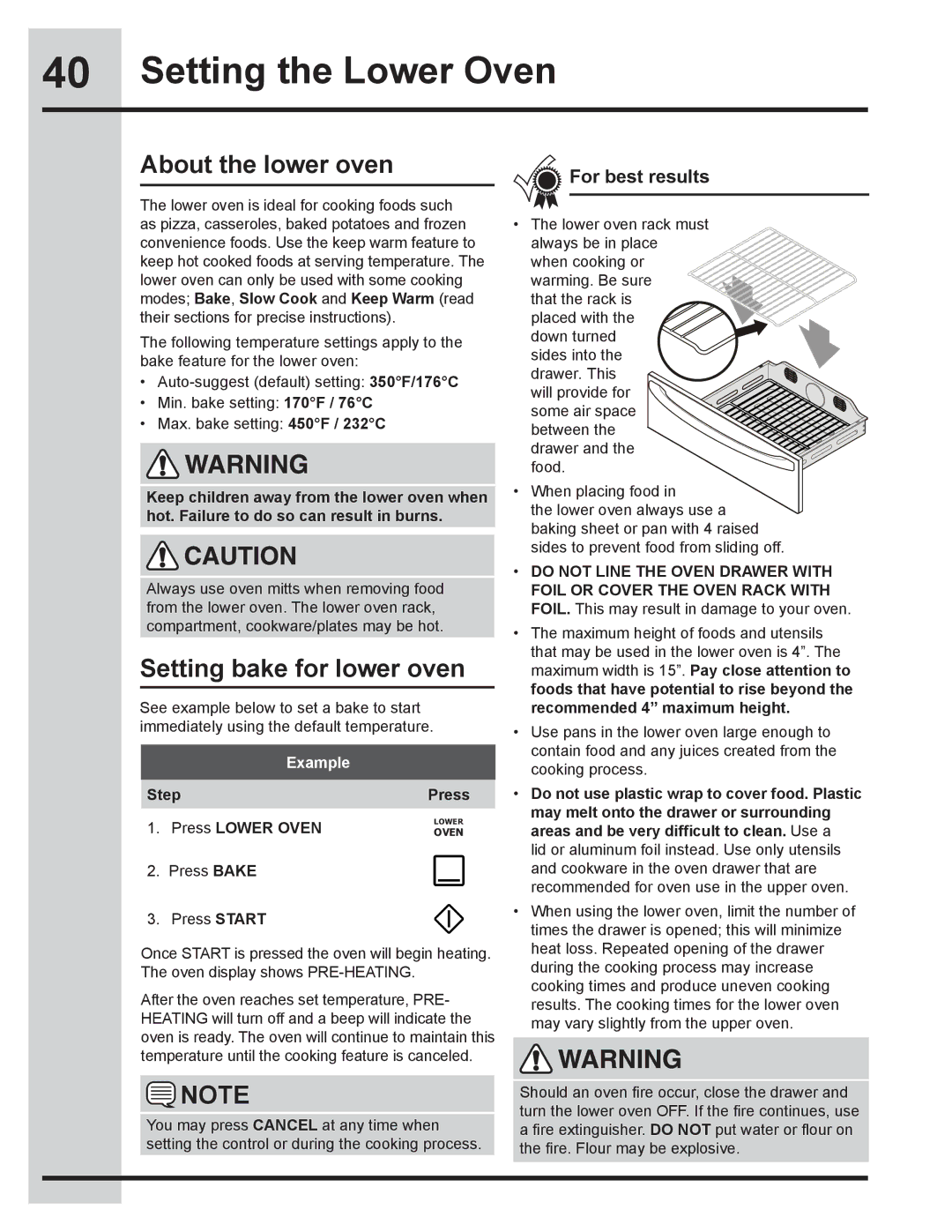 Electrolux 318205832 manual Setting the Lower Oven, About the lower oven, Setting bake for lower oven 