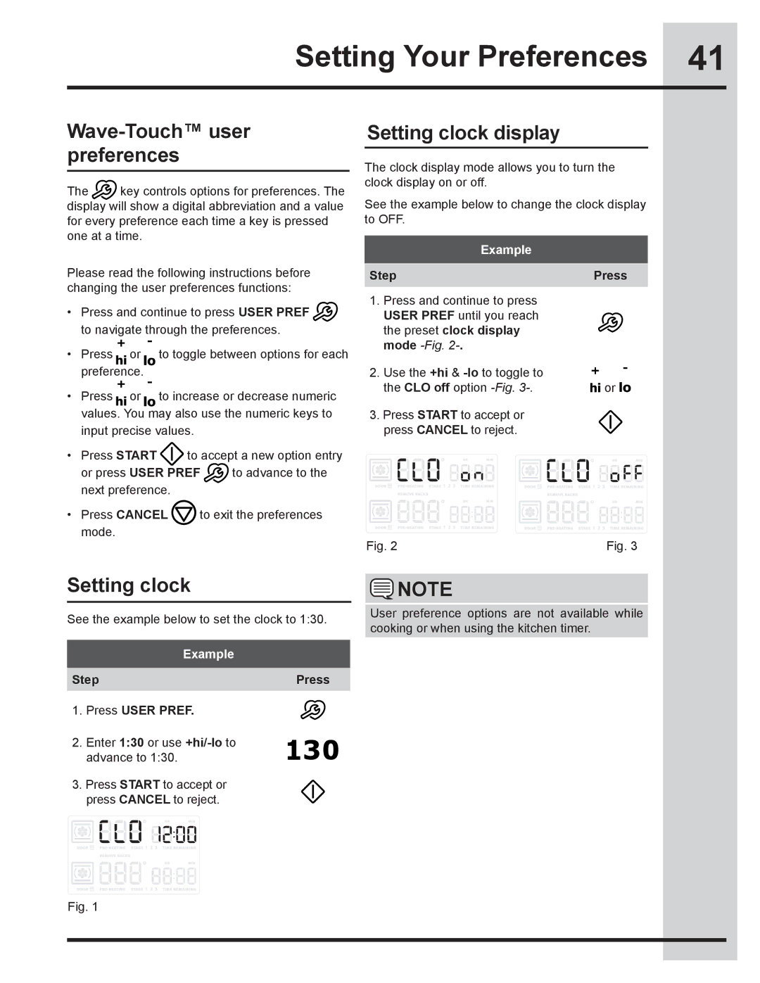 Electrolux 318205832 manual Setting Your Preferences, Wave-Touch user preferences, Setting clock display 