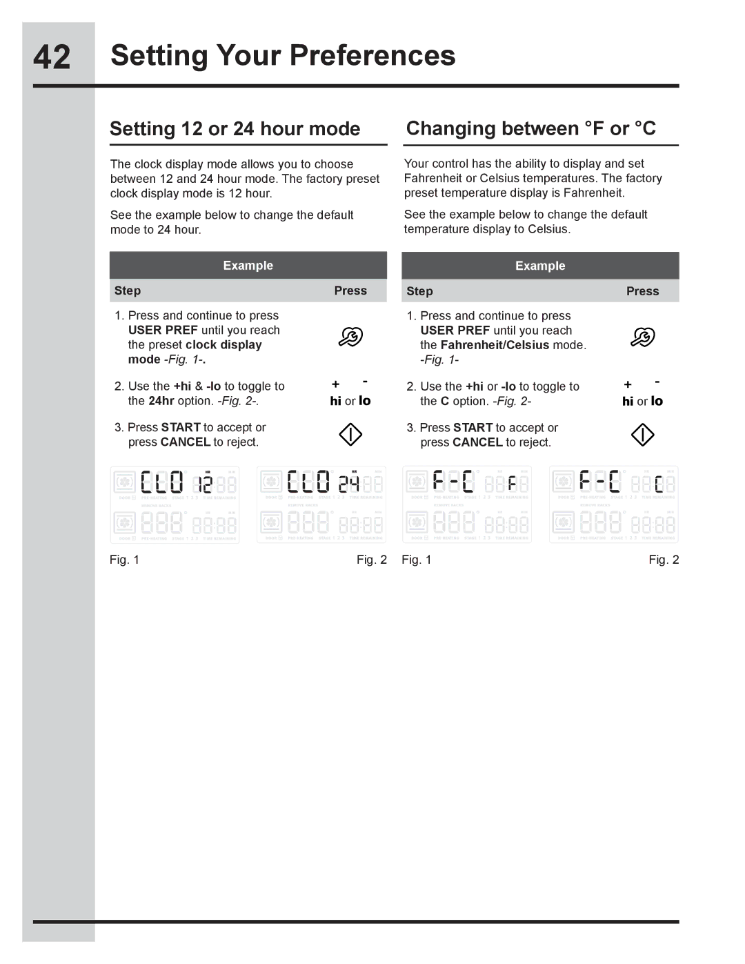 Electrolux 318205832 Setting 12 or 24 hour mode Changing between F or C, Preset clock display Fahrenheit/Celsius mode 