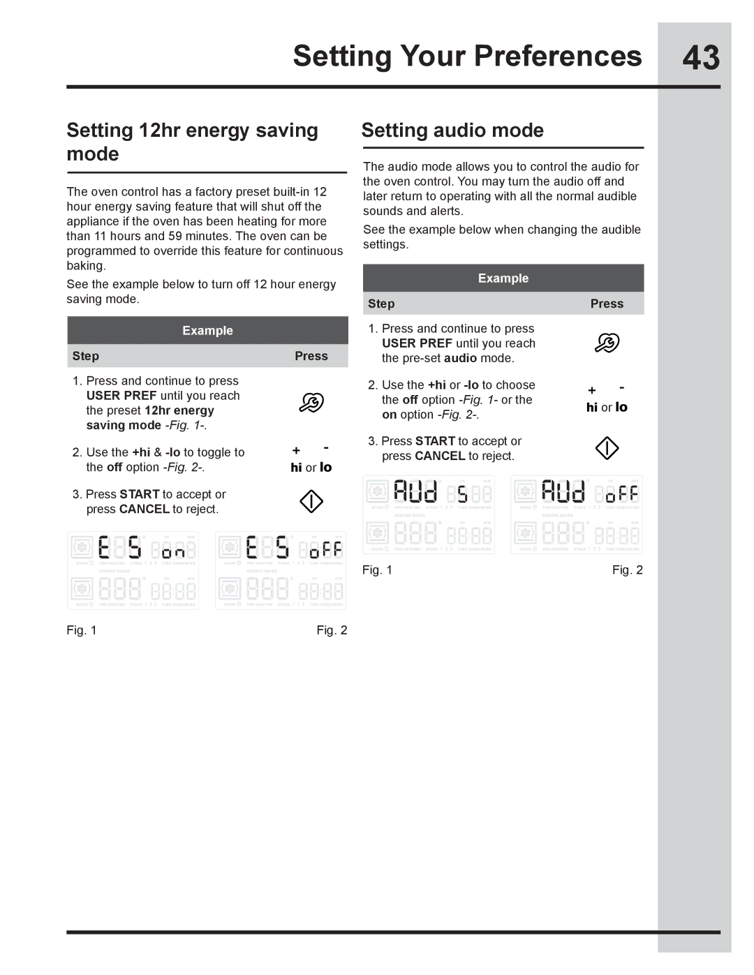 Electrolux 318205832 manual Setting 12hr energy saving mode, Setting audio mode 