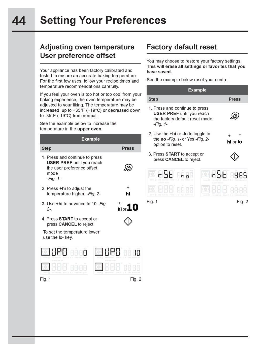 Electrolux 318205832 manual Adjusting oven temperature User preference offset, Factory default reset 