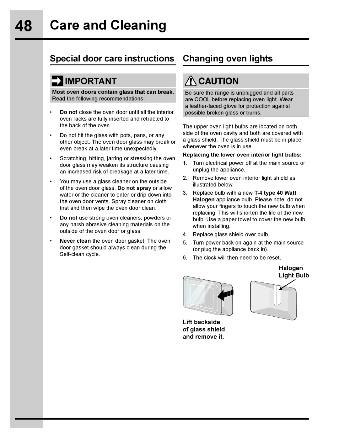 Electrolux 318205832 Special door care instructions Changing oven lights, Replacing the lower oven interior light bulbs 