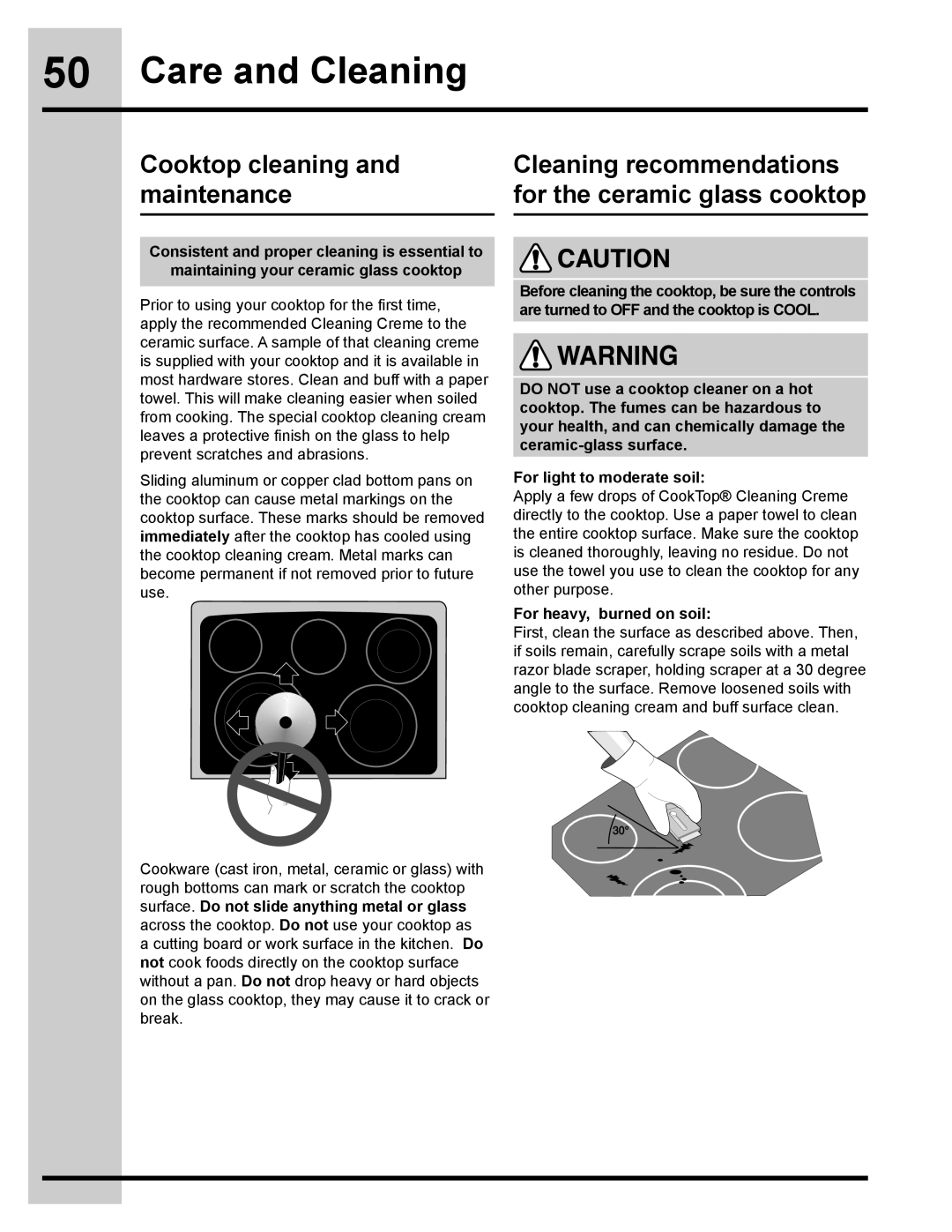 Electrolux 318205832 manual Cooktop cleaning and maintenance, Cleaning recommendations for the ceramic glass cooktop 