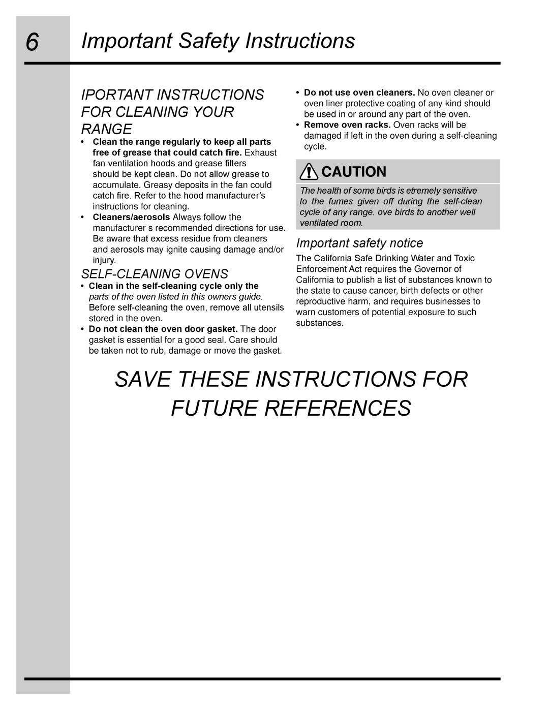 Electrolux 318205832 manual Save These Instructions for Future References 