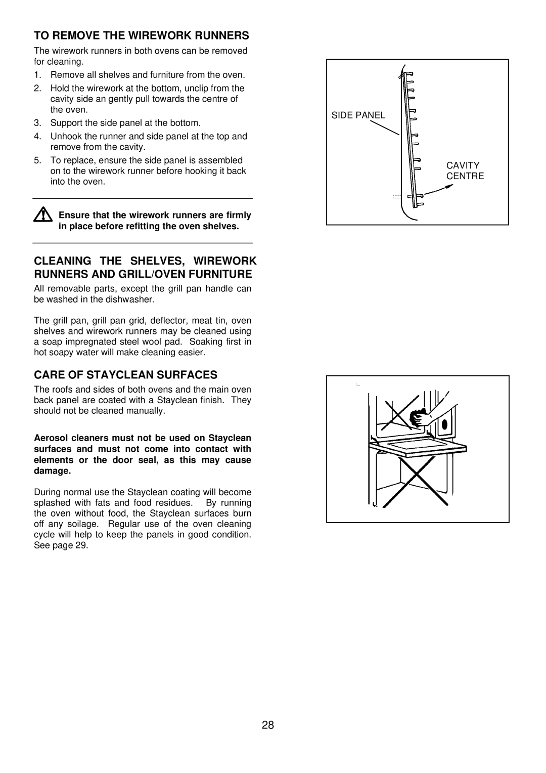 Electrolux 3210 BU installation instructions To Remove the Wirework Runners, Care of Stayclean Surfaces 