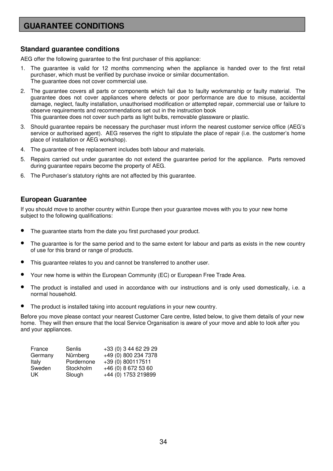 Electrolux 3210 BU installation instructions Guarantee Conditions, Standard guarantee conditions 