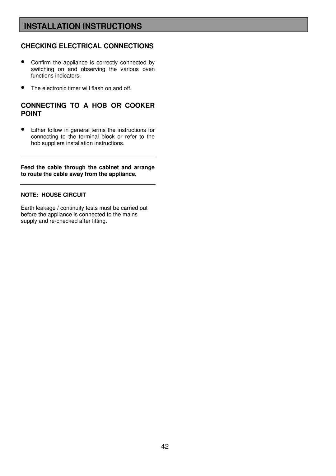 Electrolux 3210 BU installation instructions Checking Electrical Connections, Connecting to a HOB or Cooker Point 