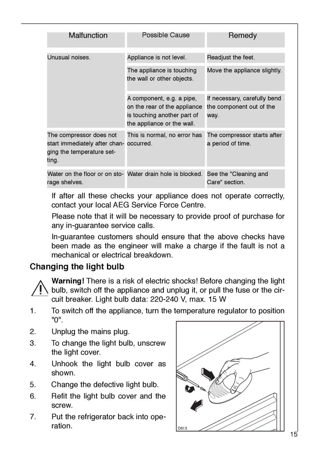 Electrolux 3232-5 KG operating instructions Changing the light bulb 