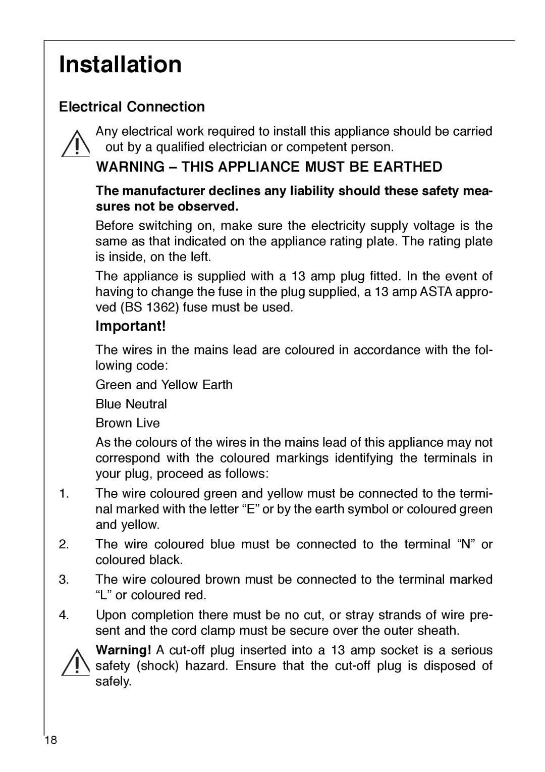 Electrolux 3232-5 KG operating instructions Installation, Electrical Connection 