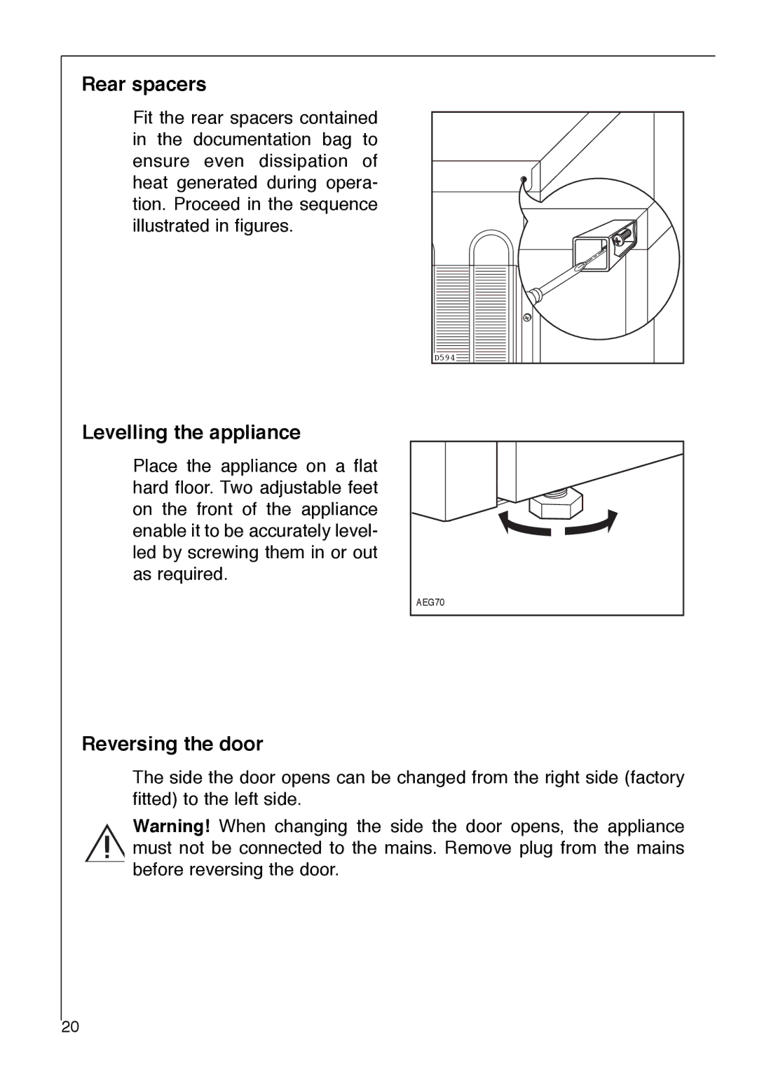 Electrolux 3232-5 KG operating instructions Rear spacers, Levelling the appliance, Reversing the door 