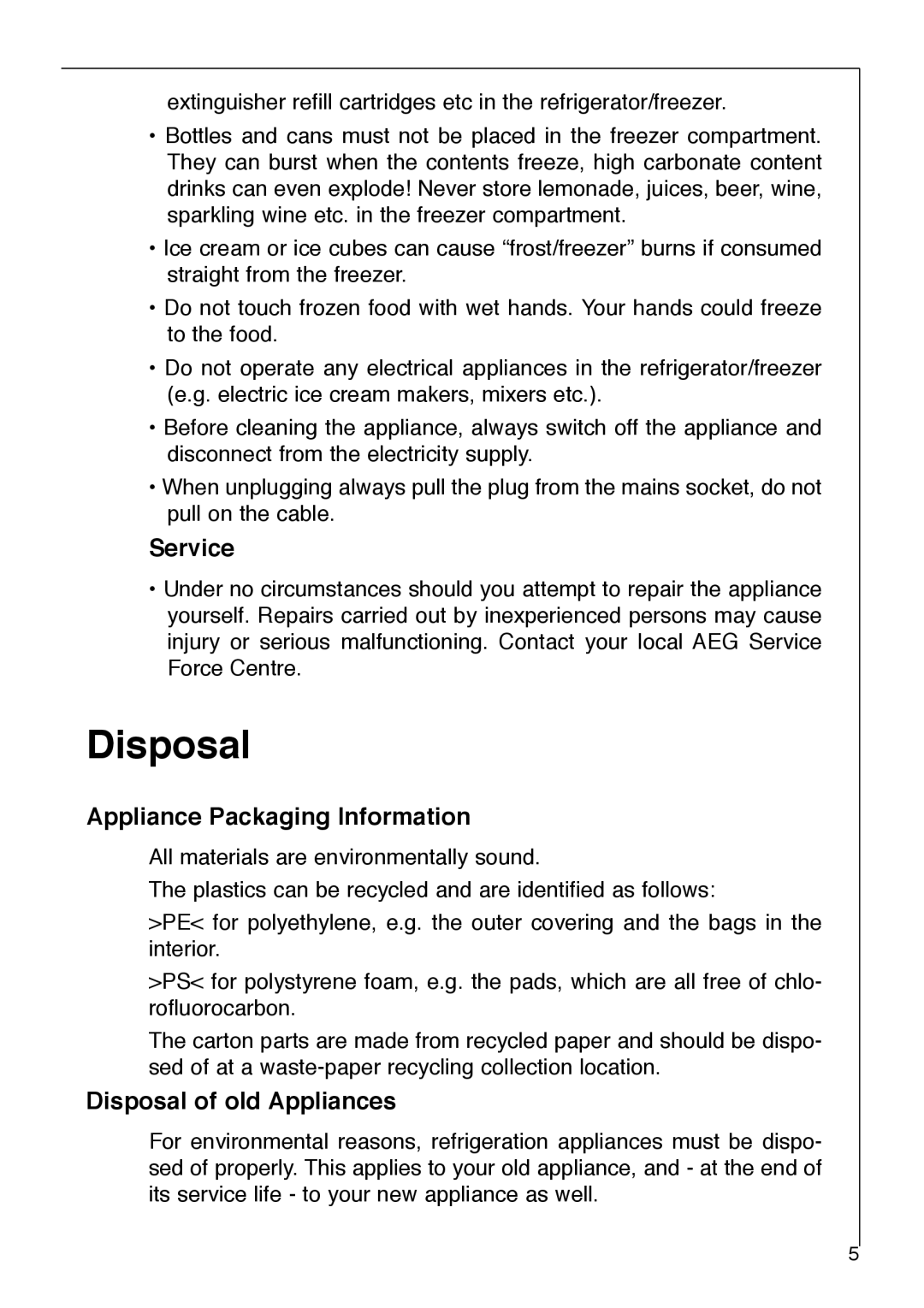 Electrolux 3232-5 KG operating instructions Service, Appliance Packaging Information, Disposal of old Appliances 