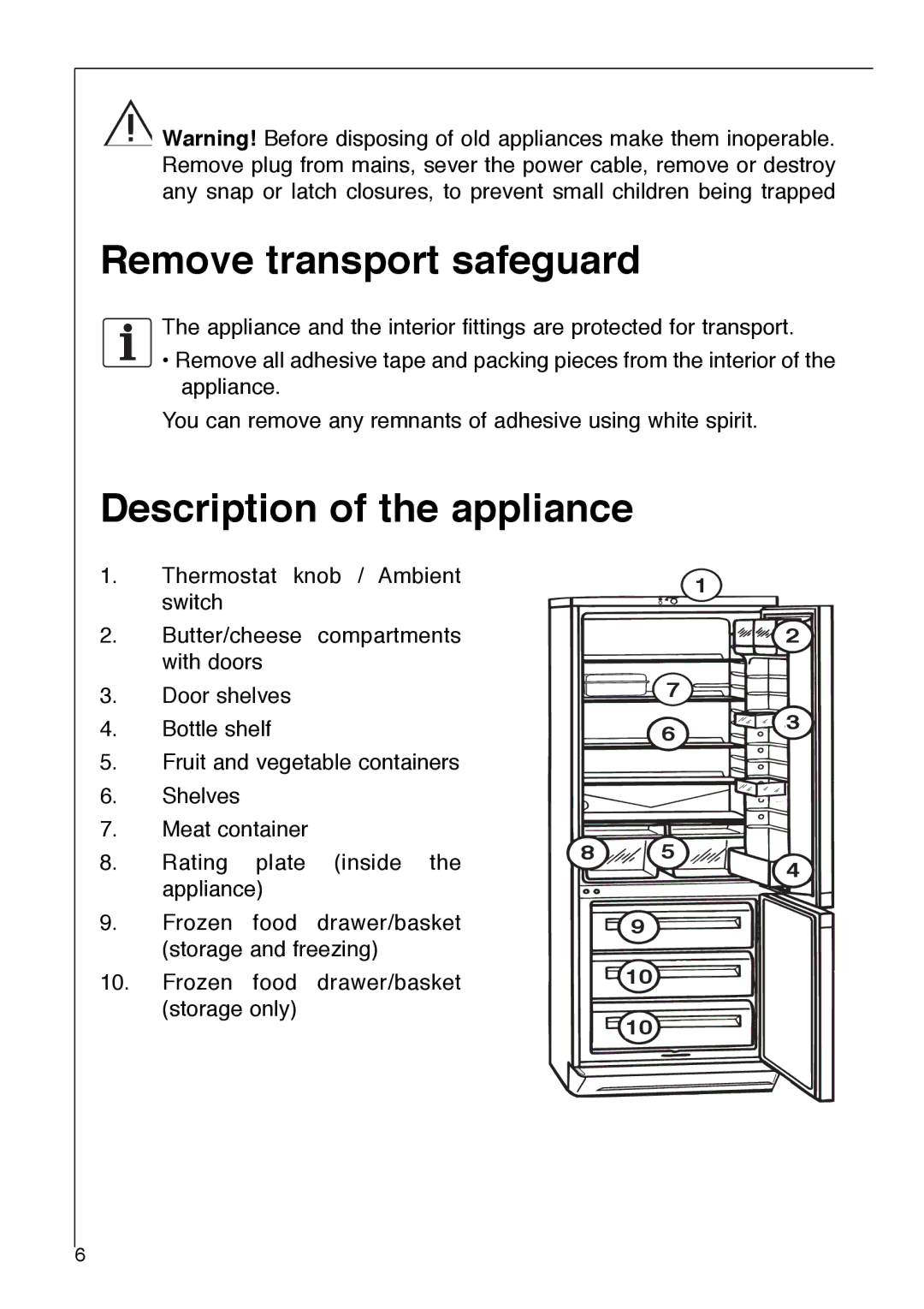 Electrolux 3232-5 KG operating instructions Remove transport safeguard, Description of the appliance 