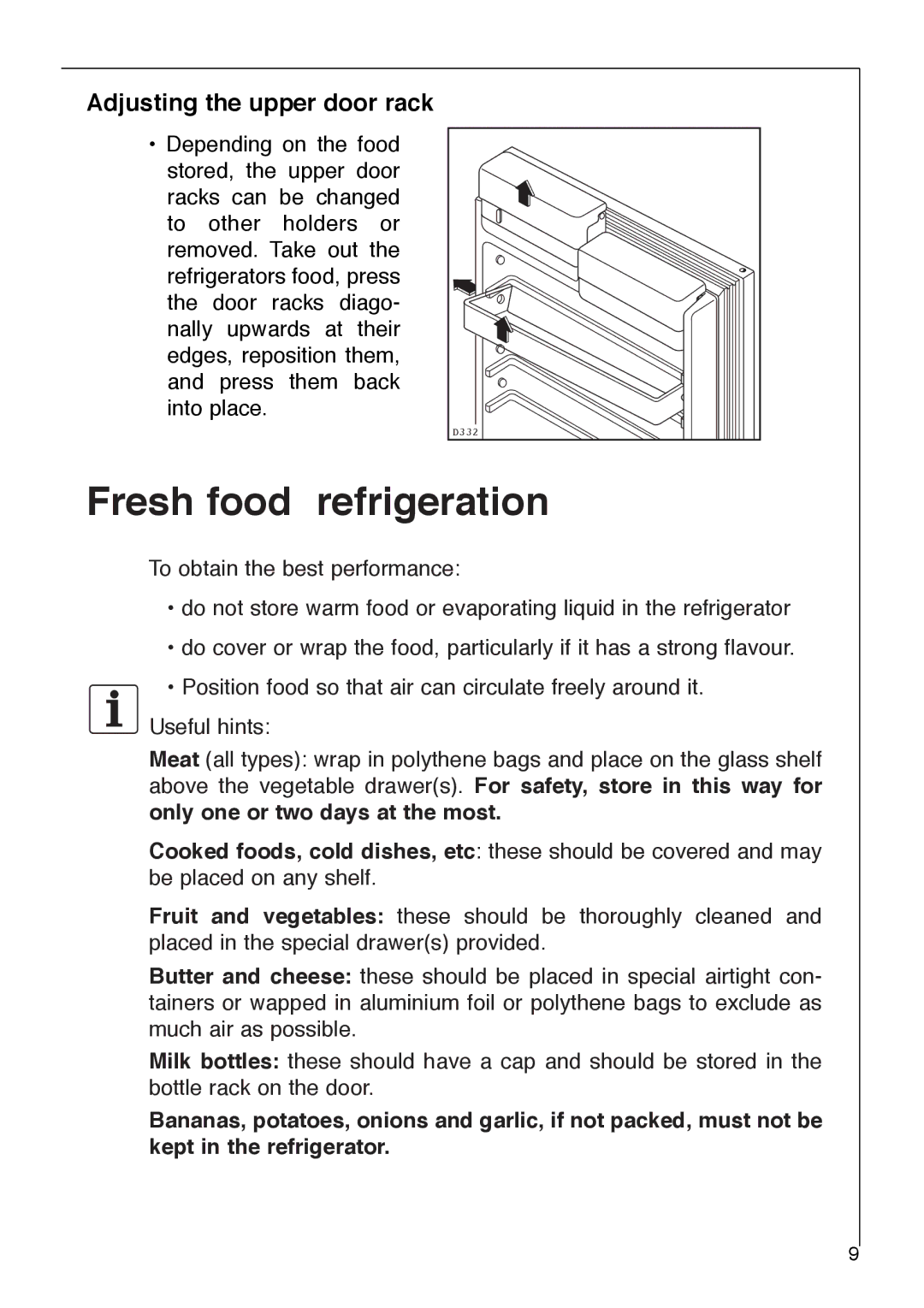 Electrolux 3232-5 KG operating instructions Fresh food refrigeration, Adjusting the upper door rack 