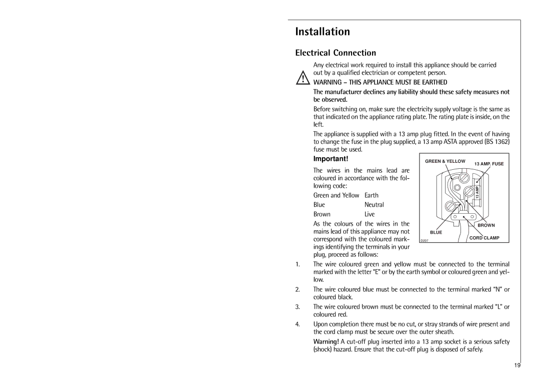 Electrolux 3250-6KG manual Installation, Electrical Connection 